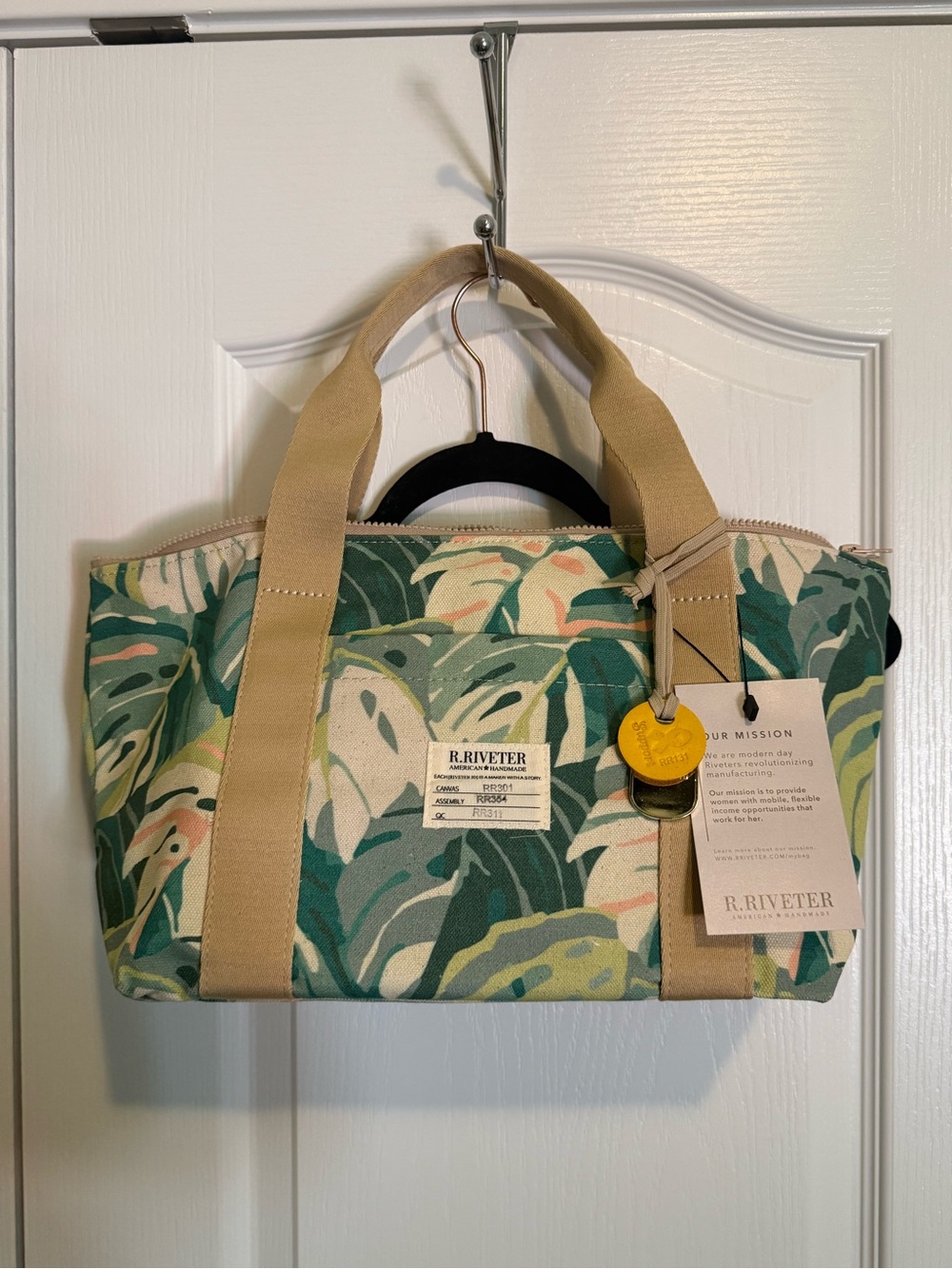 R.Riveter Green Tropical Canvas Tote with Tan Straps